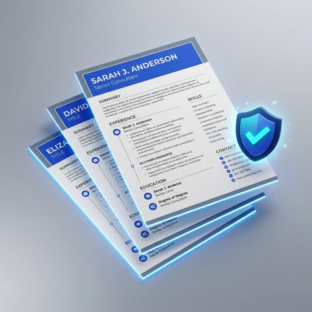 Stylized multi-layered resume stack with glowing edges